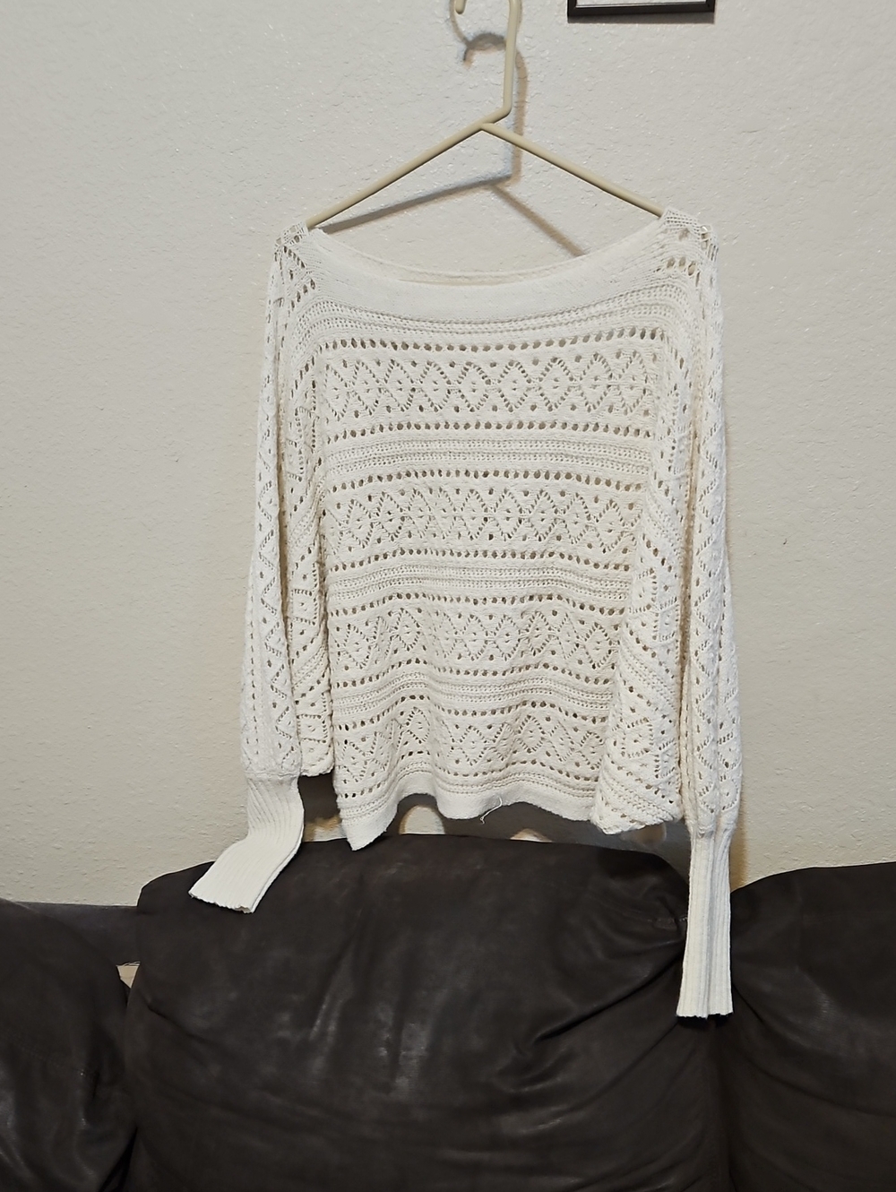 SHEIN Ivory Openwork Scoop-Neck Knit Sweater